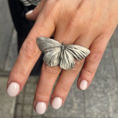 Statement silver butterfly ring, Unique handmade whimsical ring with wings, Extraordinary rings, Adjustable size ring. The ring is crafted based on an a real butterfly with wings. It is made of high-quality silver plated brass. The dimension of the butterfly is 5x2,5cm / 1.97x0.98 inches. It features an adjustable size. The band is open, allowing for size adjustments. It fits best sizes US 4-10 / EU 7-22. It can be adjusted to larger sizes by a few more, however, in this case, there may be a gap Ring With Wings, Whimsical Ring, Silver Butterfly Ring, Rings Adjustable, Art Therapy Projects, Real Butterfly, Witchy Jewelry, Butterfly Ring, Silver Butterfly