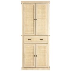 a tall cabinet with two doors and drawers