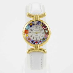 Murano millefiori watch with leather band - white Multicolor Analog Watches For Gift, Multicolor Analog Watches As Gift, Gift Multicolor Analog Watches, Luxury Multicolor Watches For Gift, Luxury Multicolor Watches For Gifts, Luxury Multicolor Watches As Gift, Multicolor Round Watches For Gift, Multicolor Round Watches As Gifts, Elegant Multicolor Watches For Gifts