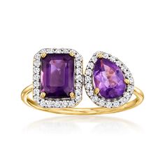 Ross-Simons - 1.20ct t. w. Amethyst Toi et Moi Ring, .21ct t. w. Diamonds. Size 7. French for "you and me," Toi et Moi rings are a unique way to celebrate a special relationship in your life. Wear our on-trend, two-stone designs as a sentimental symbol of romance, friendship, family - or simply treat yourself to double the sparkle! This marvelous monochromatic statement features a .70 carat emerald-cut amethyst glowing beside a .50 carat pear-shaped amethyst, all bordered by .21 ct. t. w. round Jewelry Presentation, Purple Stone Rings, Amethyst Birthstone, Floral Shoes, Purple Stones, Stone Design, Amethyst Stone, Amethyst Ring, Round Brilliant Cut Diamond