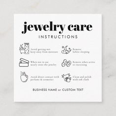 a business card with the words jewelry care instructions