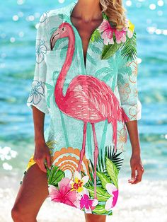 Flamingo Print Beach Shirt Dress Flamingo Print, Beach Shirt, Beach Shirts, Height And Weight, Summer Wear, Flamingo, Bathing Suits, Length Sleeve, Shirt Dress