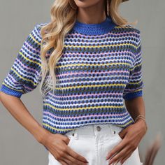 Multicolor Short Sleeve Knit Top For Spring, Y2k Knit Crew Neck Top, Blue Knit T-shirt For Spring, Multicolor Short Sleeve Knit Top For Summer, Casual Multicolor Short Sleeve Knit Top, Trendy Multicolor Short Sleeve Knit Top, Casual Multicolor Crew Neck Knit Top, Casual Crew Neck Open Knit Mesh Top, Casual Short Sleeve Mesh Top For Beach