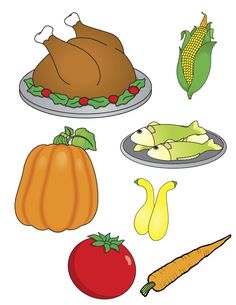 a turkey, carrots, corn on the cob and other food items are shown