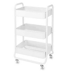 three tiered white plastic shelf with wheels