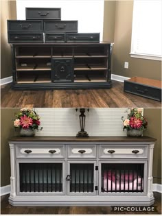 before and after photos of an old dresser turned into a sideboard with flowers on top