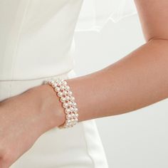 Triple Akoya Pearl Bracelet - Model Image Luxury Pearl Bracelets For Wedding, Luxury Akoya Pearl Bracelets For Wedding, Luxury Pearl Bracelet For Wedding, Akoya Pearl Bracelet For Wedding, Akoya Pearl Wedding Bracelet, Luxury Pearl White Bracelets For Weddings, Pearl White Jubilee Bracelet For Wedding, Formal Pearl White Bracelet With Pearl Chain, Formal Pearl White Pearl Bracelet With Pearl Chain