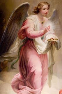 an angel kneeling in the clouds holding a book