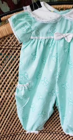 80s Bows & Hearts Seafoam Baby Jumpsuit by Mayfair - Etsy Green Short Sleeve Onesie For Playwear, Playful Fitted Green Bubble Romper, Fitted Green Bubble Romper For Play, Green Short Sleeve Bubble Romper For Summer, Green Short Sleeve Bubble Romper For Spring, Spring Green Short Sleeve Bubble Romper, Cute Green Jumpsuits And Rompers For Spring, Cute Fitted Green Onesie, Casual Green Fitted Bubble Romper