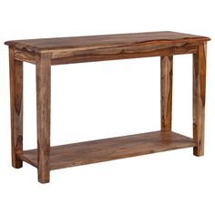 a wooden console table with one shelf on the top and two shelves below it, against a white background