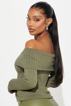 Available In Rust And Olive. Pullover Sweater Long Sleeve Off Shoulder Fold Over Detail Ribbed 69% Rayon 31% Polyester Imported | Try It Out Sweater in Olive Green size Large by Fashion Nova Fall Knit Sweater, Fall Knitting, Red Heads, Braids For Black Hair, Black Beauty, Cami Tops, Fold Over, Try It, Pullover Sweater