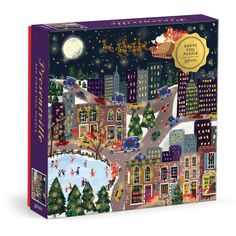 a puzzle box with a christmas scene in the city and santa's sleigh