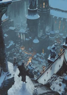 a man standing on top of a snow covered roof next to a tall clock tower