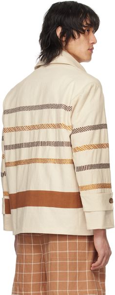 Handcrafted cotton canvas jacket. Stripes embroidered throughout. · Spread collar · Button closure · Patch pockets · Adjustable button tab at cuffs · Full cotton poplin lining Supplier color: Off white Kantha Jacket, Canvas Jacket, Mens Outerwear, Cotton Jacket, Cotton Poplin, Kids Wear, Apparel Accessories, Cotton Canvas, Women Wear