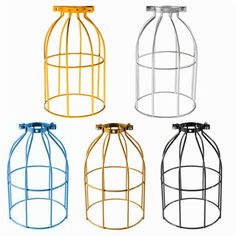 four different colored metal cages with handles