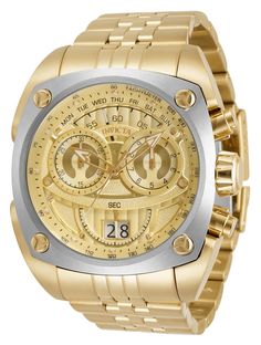 This Invicta watch from the Reserve collection holds a Quartz movement, and it features a sturdy gold case. On its face you can find a rose gold, gold metal dial covered by a durable Flame Fusion Crystal. This style is finished by a reliable gold stainless steel band, and it offers 100m water resistance.The exceptional taste and distinguished palette of the connoisseur will discover timeless pleasure within the Invicta Reserve collection. Specially developed for those in the know, Reserve is a r Gold Watch Men, Best Watches For Men, Invicta Watches, Stylish Watches, Men's Watches, Gold Case, Stainless Steel Band, Stainless Steel Watch, Chronograph Watch