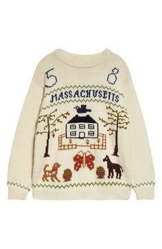 Vintage New England knitwear and antique embroidery patterns merge in this whimsical crewneck sweater knit from wool yarns. Crewneck Long sleeves Ribbed cuffs and hem 100% wool Dry clean Made in Peru Designer Clothing Embroidered Wool Sweater For Fall, Winter Cream Embroidered Sweater, Cream Embroidered Sweater For Winter, Vintage Embroidered Knit Sweater, Embroidered Vintage Knit Sweater, Vintage Embroidered Fall Sweater, Embroidered Wool Sweater For Winter, Vintage Embroidered Sweater For Winter, Girly Academia