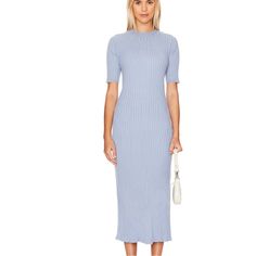 Maeve Knit Midi Dress In Ashley Blue Light Blue Midi Dress For Winter, Blue Fitted Midi Sweater Dress, Fitted Blue Midi Sweater Dress, Elegant Blue Ribbed Sweater Dress, Fitted Light Blue Midi Dress For Fall, Chic Blue Sweater Dress For Spring, Blue Ribbed Knee-length Dress, Blue Knit Midi Length Dresses, Blue Midi Sweater Dress For Spring