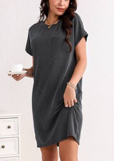 Elevate your casual wardrobe with our Striped Ribbed Knit T-shirt Shift Dress in Gray. Made from a soft ribbed knit fabric, this dress features stylish stripes and a comfortable, shift silhouette. This dress will keep you looking and feeling great all day long! Material: 70% Polyester/27% Viscose/3% Elastane Bust: S 37.4", M 39.4", L 41.", XL 44.9" Length: S: 33.9", M: 34.6", L 35.4", XL: 36.2" Elasticity: Medium Casual Mini Dress With Striped Hem, Casual Spring Dresses With Ribbed Neckline, Casual Striped Knee-length Midi Dress, Casual Crew Neck Midi Dress, Black Casual Dress With Striped Hem, Casual Black Dress With Striped Hem, Casual Ribbed Loungewear Dresses, Casual Ribbed Crew Neck Dress, Casual Ribbed Midi Dress For Loungewear