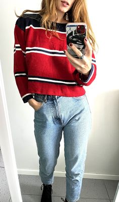 It's a Vintage striped  red, white and navy casual home crop jumper, sweater. Round neck. No rough soft fabric. No stains holes or bad smell. Condition: Great vintage condition. Material: Acrylic blend. Size: L. Model's height: 5.7 / 178 cm / Size S. MEASUREMENTS: Shoulders: 20 inch / 51 cm. Sleeve: 18,5 inch / 47 cm. Bust doubled: 42 inch / 108 cm. Length: 19 inch / 49 cm. Worldwide shipping. Shipping takes to: USA 7-14 days.  EU 4-7 days. Others countries 7-14 days. Winter Crew Neck Sweater With Striped Collar, Winter Sweater With Striped Collar And Crew Neck, Trendy Cropped Striped Sweater, Winter Striped Cropped Tops, Winter Red Tops With Contrast Stripes, Red Tops With Contrast Stripes For Winter, Striped Crew Neck Cropped Sweater For Winter, Casual Striped Cropped Sweater For Fall, Striped Cropped Winter Sweater