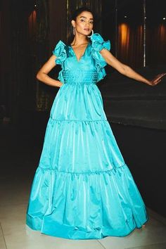 Shop for Kangana Trehan Blue Satin Tafetta Flared Ruffle Gown for Women Online at Aza Fashions Tiered Ruffled Gown For Gala, Silk Prom Gown With Ruffles, Taffeta Gown With Ruffles For Gala, Taffeta Gala Gown With Ruffles, Taffeta Ruffled Gown For Gala, Blue Floor-length Gown With Ruffles, Blue Taffeta Dress For Gala, Blue Gown With Ruffles And Fitted Bodice, Taffeta Prom Gown With Ruffles