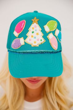 DECK THE HALLS TRUCKER HAT HAT Judith March Christmas Trucker Hat Ideas, Handmade Fun Trucker Hat, Fun Snapback Trucker Hat With Patches, Personalized Fun Trucker Hat, Red Winter Trucker Hat, Holiday Trucker Hats, Custom Trucker Hats, Painted Hats, Christmas Tree Design