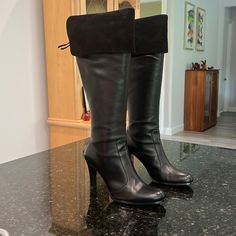 You Need These Gorgeous Ralph Lauren Boots In Your Life!! Leather Boot With Full Back Zip (Suede Zipper Pulls) Featuring A 4 Inch Turn Down Suede Cuff. Heel Height Is 3.5 Inches; Boot Height From Bottom Of Heel To Top Of Shaft Is 19 Inches. Cuff Folds Up-Not Sure You Could Wear Them That Way, But It Would Give An Extra 4 Inches Of Height If So. Worn Twice-Basically Brand New. In Original Box. Size 8.5 B Width. Ralph Lauren Boots, Funky Shoes, Suede Leather Boots, Ralph Lauren Shoes, Fall Fits, Leather Boot, Zipper Pulls, Black Jacket, Suede Boots