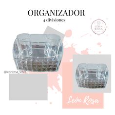 an advertisement for a glass candle holder with the words organizador 4 divisiones