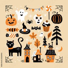 an image of halloween decorations with cats and pumpkins on the top, ghost's house in the background