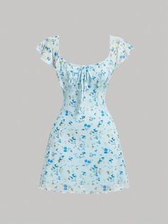 Women Summer Floral Print Ruched Bust Pleated Dress Blue Boho  Cap Sleeve Knitted Fabric Plants,Ditsy Floral,All Over Print A Line Medium Stretch  Women Clothing, size features are:Bust: ,Length: ,Sleeve Length: Blue Summer Dress With Drawstring, Casual Blue Mini Dress With Drawstring, Casual Blue Dress With Drawstring, Casual Light Blue Ruched Dress, Dress For Short Women, Summer Floral, Ditsy Floral, Dress Blue, Pleated Dress