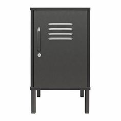 a black metal cabinet with two doors on the front and one door open to reveal an electrical outlet