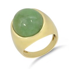 Featured is a sophisticated statement of elegance and luxury showcasing a 14.50ct semi translucent oval cabochon of richly mottled green jadeite bezel set into a 14K yellow gold. Metal Type: 14K Yellow Gold Hallmarks: 14K, 585, Makers mark Metal Finish: High Polish Ring Size: 7 1/4 Setting: Bezel Item Weight: 10.40 grams Center Gemstone Gemstone: Jadeite Gemstone Carat Weight 14.50ct Shape: Oval Cabochon Gemstone Measurements: 20.07 x 15.12 x 5.90mm Measurements: Band Width 4.14mm, Ornament Leng Luxury Modern Green Dome Ring, Luxury Green Dome Ring With Polished Finish, Luxury Green Domed Jewelry, Luxury Oval Cabochons With Bezel Setting, Luxury Yellow Gold Oval Cabochons, Luxury Gold Domed Cabochons, Luxury Oval Gold Cabochons, Luxury Gold Oval Cabochons, Mark Metal