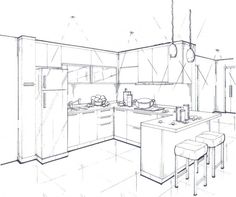 a drawing of a kitchen with an island and stools