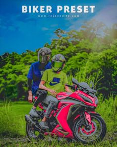 two people sitting on a red motorcycle with the words biker preset written below them