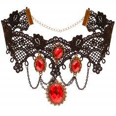 Skeleteen Red and Black Jewelry costume accessory is perfect for Halloween and Dress-up. The choker is made of black lace and has an adjustable neck that fits a circumference of 13" to 16". The earrings have 2 red rhinestones each that dangle and are light. This extravagant chandelier necklace set is ideal for dressing up as a vampire for Halloween. Skeleteen items are made of tested materials that are non-toxic and safe. Gothic Black Costume Accessories As Gift, Adjustable Gothic Choker For Costume Party, Red Punk Choker As Gift, Red Punk Choker For Festivals, Black Vampire Style Necklaces For Party, Red Gothic Jewelry For Party, Gothic Black Choker For Costume, Vintage Red Choker For Party, Black Vampire Style Necklace For Party