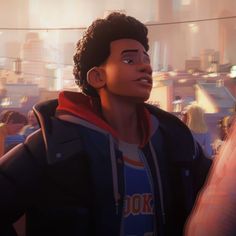 an animated image of a young man standing in front of a group of other people