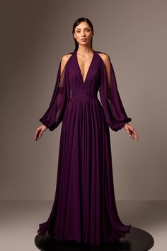 Plunging Neckline Dress Formal, Deep Purple Formal Dress, Tulle Gown With Sleeves, Purple Dress Classy, Revenge Dresses, Purple Dress Formal, Autumn Long Dress, Bridesmaid Dresses Purple, Royal Purple Dress