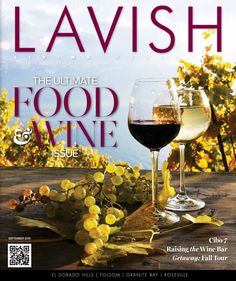 a magazine cover with two glasses of wine and grapes on the table next to it