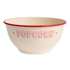 a red and white bowl with the word popcorn printed on it's side, sitting in front of a white background