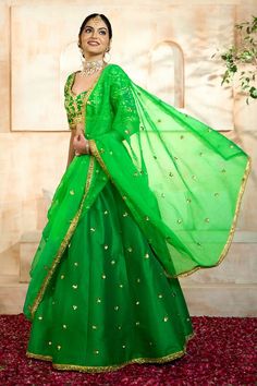 Green lehenga with an attached cancan featuring gota embroidery. Comes with gota floral embroidered padded blouse and dupatta. - Aza Fashions Green Tissue Silk Choli For Festive Occasions, Transitional Party Lehenga With Gota Work, Transitional Season Party Lehenga With Gota Work, Festive Green Tissue Silk Choli, Pista Green Lehenga With Resham Embroidery In Organza, Pista Green Organza Choli With Cutdana, Pista Green Organza Lehenga With Resham Embroidery, Semi-stitched Organza Lehenga For Festivals, Pista Green Organza Choli With Sheer Dupatta