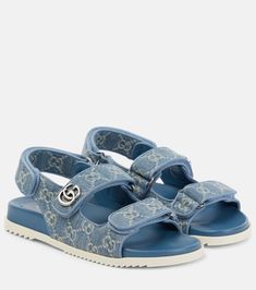 Double G GG denim sandals in blue - Gucci | Mytheresa Gucci Flip Flops, Gucci Outfit, Jean Sandals, Gucci Denim, It Logo, Denim Sandals, Chanel Sandals, Fashion Shoes Sandals, Fancy Shoes