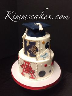 a three tiered cake decorated with an image of a graduate's cap on top