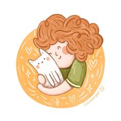 a drawing of a boy holding a cat in his arms, with the caption's name on it