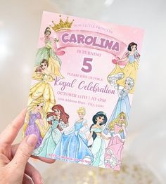 Get ready to host the most enchanting Disney Princess birthday party with our Disney Princess Birthday Invitation, now fully editable with Canva for instant access and customization! Your little one's special day deserves nothing less than a magical start, and our printable invitation sets the perfect tone for a royal celebration. Disney Princesses Birthday Invitation, Disney Princess Theme Birthday Party Invitations, Disney Princess Bday Party Ideas, Disney Princess Birthday Invite, Four Year Old Princess Birthday Party, Disney 5th Birthday, Disney Princess 5th Birthday Party, Birthday Theme Disney, Disney Princess Party Invitations