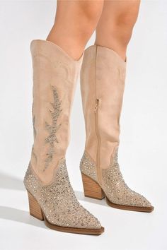 KNEE HIGH RHINESTONE WESTERN HEELED BOOT-Take your wardrobe to new heights with Anniston boots! Features a luxurious suede finish, sparkling rhinestone accents, and a sleek knee-high silhouette. These Western-inspired boots are the perfect choice for kicking off a fun-filled night-closed pointy toe-cowboy boots-zipper closure-lightly cushioned footbed-rubber outsole Style: WESTERN, BOOTS Embellishment: RHINESTONE Closure: ZIPPER Material Composition: Synthetic Leather Care Instructions: Hand Was Style Western Boots, Ivory Boots, Closet Features, Boots Western, Holiday Tops, Western Boot, Western Boho, Western Cowboy Boots, Leather Care