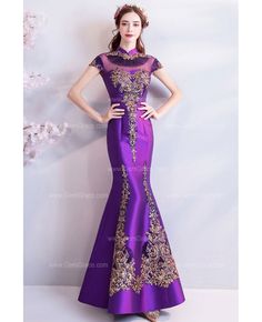 Buy Classic Purple Cheongsam Tight Formal Dress Mermaid With Bling at wholesale price online. Free shipping and pro custom service since 2009. Tight Formal Dress, Purple Cheongsam, Tight Formal Dresses, Purple Mermaid Dress, Formal Dresses Mermaid, Clothes Purple, Purple And Gold Dress, Purple Mermaid, Purple Party