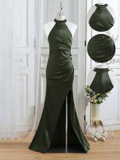 Verde Elegante Collar sin mangas Satén Liso Ajustado Embellished Elástico Ligero Elegant Christmas Dress Green, Halloween Party Floor-length Gown, Graduation Dresses Green, Green Homecoming Dresses, Dress Elegant Long, Long Dresses Elegant, Homecoming Dresses Long, High Waist Dress, Elegant Dresses Long