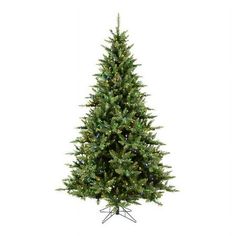 a green christmas tree with lights on it's branches and a white background is shown