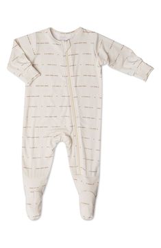 This comfy-cozy footie features a zip closure for easy diaper changes and long sleeves with fold-over cuffs to prevent accidental scratches. Front full-length zip closure 95% rayon, 5% spandex Machine wash, tumble dry Imported Kids' Wear Outfit For Christening, Knotted Top, Coverall Jumpsuit, Kissy Kissy, Morse Code, Baby Changing, Grey Prints, Comfy Cozy, Baby Romper