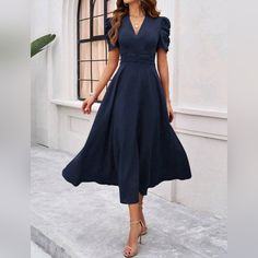 New Classic Flowy Textured Stripe Midi Dress * Puffed Short Sleeve * V Neck * Ruched High Waist * Flared Midi Skirt * Back Zip *Approximate Unstretched Measurements* Small (4) *Bust 36.5" *Waist 28.5" * Sleeve Length 9.75" * Length 50.25" Medium (6) *Bust 38.25" *Waist 30.25"* Sleeve Length 10" * Length 50.75" Large (8/10) *Bust 40.5" *Waist 32.5" * Sleeve Length 10.25" * Length 51.25" Xl (12) *Bust 43" *Waist 35" * Sleeve Length 10.5" * Length 51.5" Xxl (14) *Bust 45.25" *Waist 37.25" * Sleeve Blue Fitted V-neck Puff Sleeve Dress, Spring V-neck Puff Sleeve Dress With Ruched Bodice, Fitted Midi Dress With Pleated Waist For Brunch, Blue Midi Dress With Pleated Waist, Ruched Puff Sleeve Dress For Work, Ruched Knee-length Dress With Fitted Waist, Knee-length Ruched Dress With Fitted Waist, Elegant Ruched A-line Puff Sleeve Dress, Blue A-line Dress With Pleated Sleeves